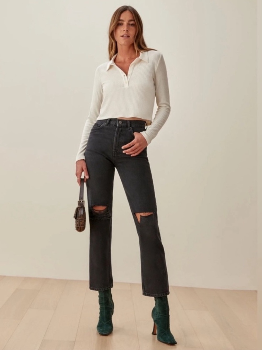 Reformation Cynthia High Rise Straight Jeans In Lagoon Destroyed Black Size 26